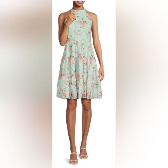ELIZA J Floral Halter Mini Tiered Dress NWOT size 6 Mint green/pink - Picture 1 of 5